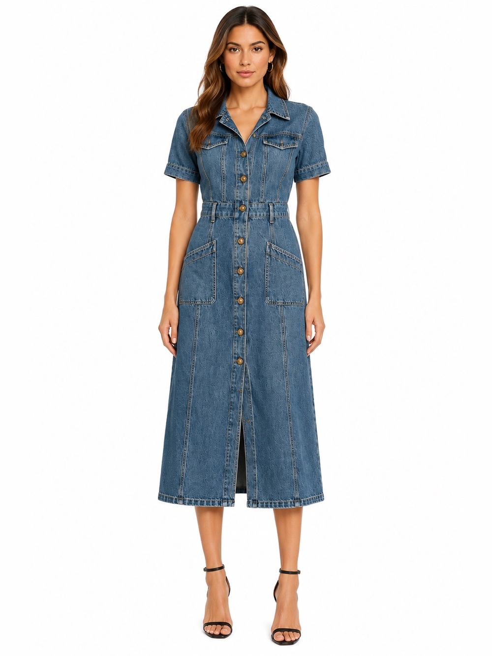 Blue Denim Button-Front Midi Dress
